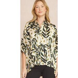 ENTRO Women Tunic Blouse Bamboo Botanical Print Relaxed Oversized Size M/L